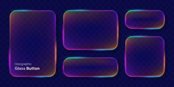 Futuristic holographic glass button set featuring rounded translucent panels, colorful neon gradients and glowing edges on a dark transparent style background, ideal for modern UI and digital design.
