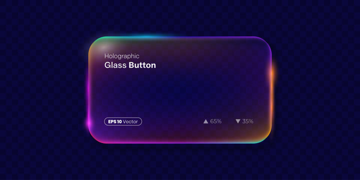 Futuristic holographic glass button with colorful neon glow, rounded interface design and transparent checkerboard background for modern web, app and digital UI projects.