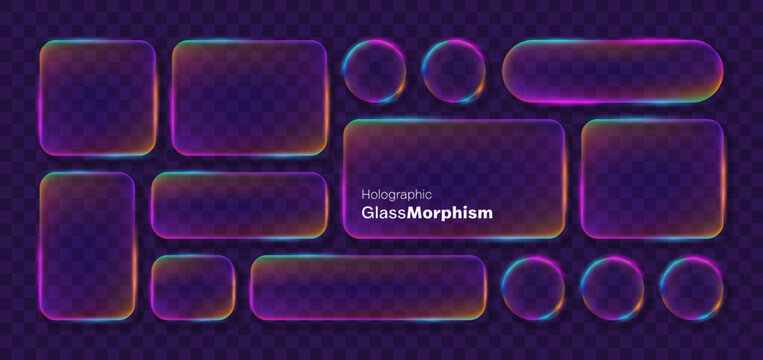 Futuristic holographic glassmorphism UI elements with glowing neon edges, translucent rounded rectangles and circular shapes arranged on a dark purple checkerboard background.
