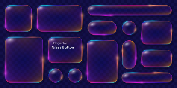 Futuristic holographic liquid glass UI element set featuring glowing rounded buttons, panels, bars, circles, and transparent interface components on a dark digital background