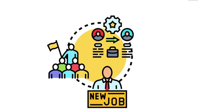 Illustration depicting an organizational leadership transition, with a previous leader passing on a briefcase and a new leader being introduced for a new job role