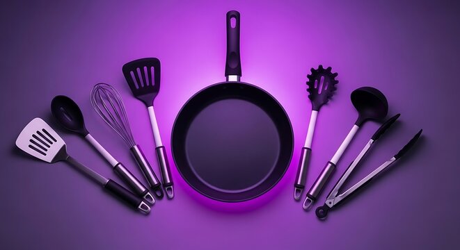 Kitchen utensil set with Teflon pan on neon purple background