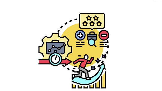 Person running up an arrow on a bar graph achieving targets and success, business process optimization, quality management, and constant development