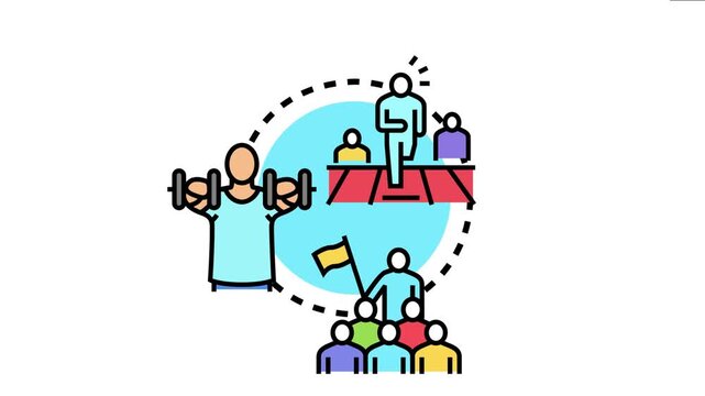 Illustration depicting leading from the front concept with figures actively engaging in training, inspiring a team, and setting an example for others to follow