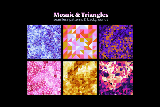 Mosaic Triangles Geometric Seamless Patterns Set Vector, Abstract Low Poly Polygon Voronoi Cell Mesh Textures Collection, Neon Futuristic Techno Backgrounds Set Wallpaper Banner