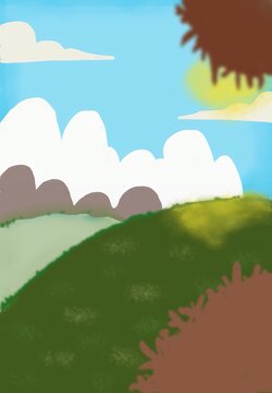 Bright sunny landscape with rolling green hills fluffy white clouds and clear blue sky