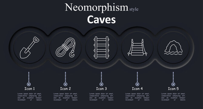 Caves set icon. Digging shovel stands upright. Coiled cable terminates metal hook. Vertical ladder features multiple rungs. Suspension bridge spans rocky gap. Cave mouth meets water waves outside