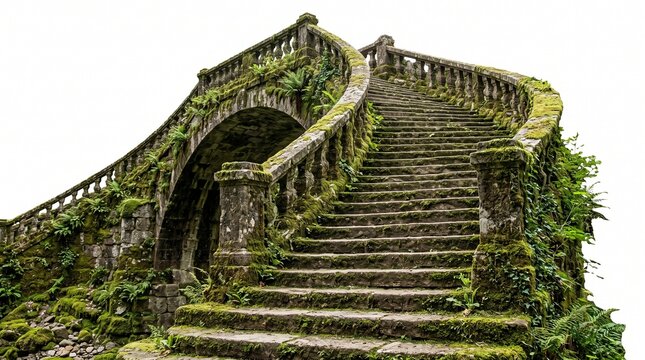 Old mossy stone bridge with stairs and ornate balustrade isolated on a white background