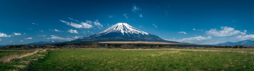Naklejka premium Wide panoramic view of a snow capped mountain peak above a green meadow with scattered clouds in blue sky