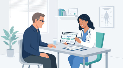 Fototapeta premium Doctor Explaining Medical Chart on Tablet To Patient In Office Consultation