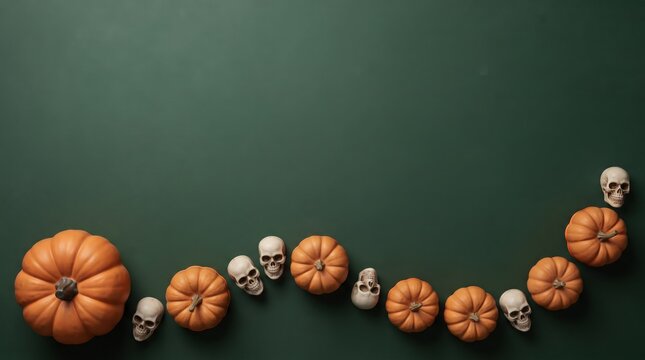 Halloween Pumpkin and Skull Flat Lay Border on Green Background with Copy Space for Spooky Holiday Banner or Poster.