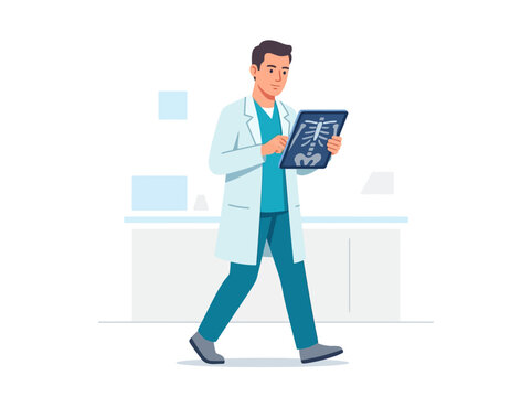 Doctor Examining X-ray Scan While Walking In Modern Clinic Setting