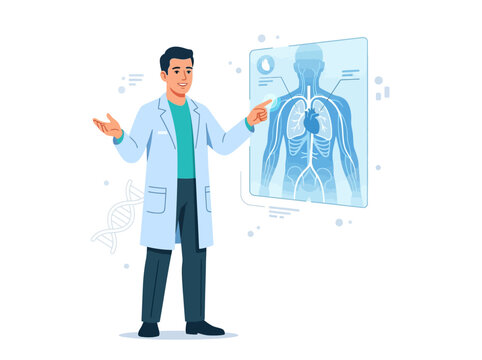 Doctor Explaining Human Anatomy On Futuristic Display With DNA Strand