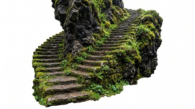 Winding mossy stone steps climbing up a rocky cliff side isolated on white background