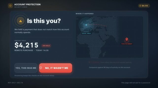 Account protection security check with held payment, location map and fraud report result