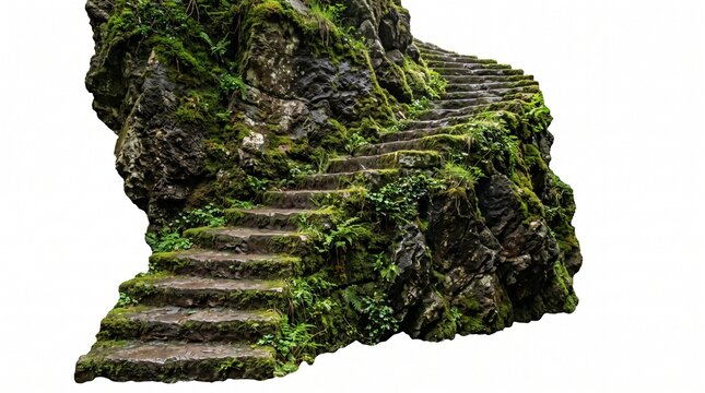 Ancient mossy stone steps winding upwards on a rocky hill isolated on white background