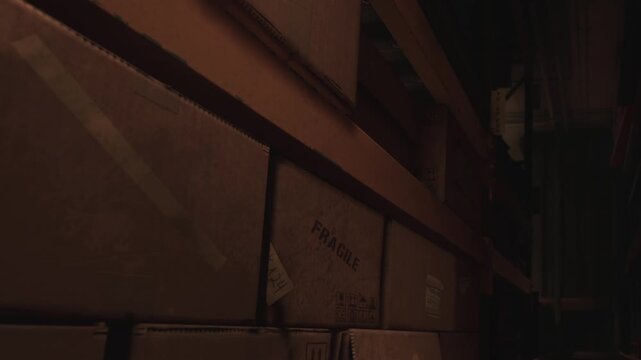 A dimly lit storage area shows stacked boxes on shelves. Each box has a label on it. The light is low, creating shadows across the floor.