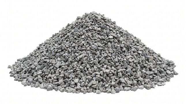 Large mound of crushed grey gravel stones isolated on a clean solid white background