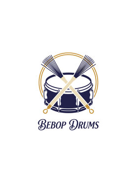 Bebop Jazz Snare Drum Logo with Crossed Brushes for Music School Studio and Percussion Branding Illustration for Professional Musicians and Bands
