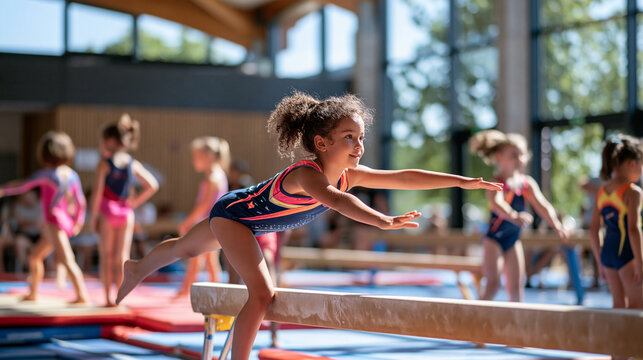 Bright marketing flyer concept photograph of kids gymnastics class in a sunny studio with mats and balance beams, colorful leotards, school season start energy, clean composition w
