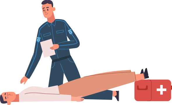Rescuer providing emergency first aid to an unconscious person lying on the ground