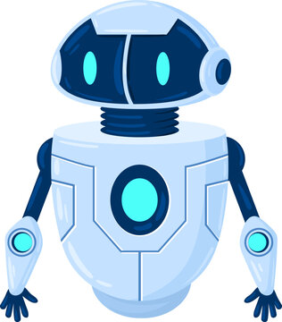 Cartoon robot charater standing, symbolizing technology, innovation, and automatization