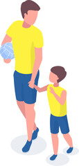 Fototapeta premium Father and son bonding during sports activity, holding a volleyball and hands