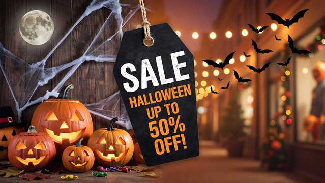 Halloween sale up to 50 percent off with glowing jack o lantern pumpkins, spider web, bats, full moon, and city lights background for promotion.