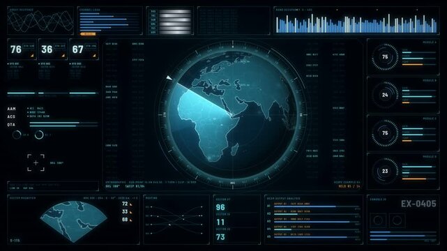 Global monitoring radar with spinning earth and live sensor data panels