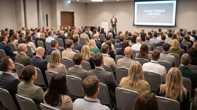 Professional speaker presenting to a large business conference audience in a seminar hall.