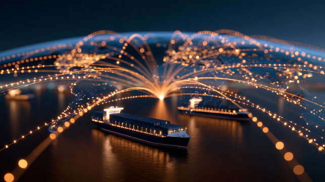 Conceptual illustration of global energy trade routes, stylized world map with glowing shipping lanes converging through a narrow strategic maritime chokepoint, abstract geopolitic