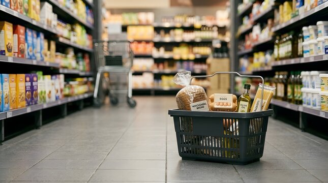 Shopping basket filled with essential groceries in a supermarket aisle