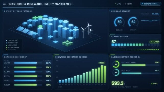 Smart grid dashboard with isometric city network, renewable generation and carbon reduction