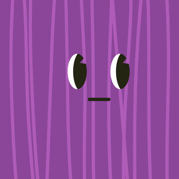 Abstract character face with large eyes and straight mouth on a purple striped background