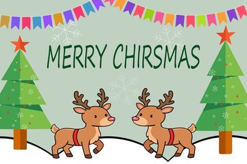 Colorful Christmas greeting card with two cute reindeer, decorated trees, snowflakes and festive banner © Prionti