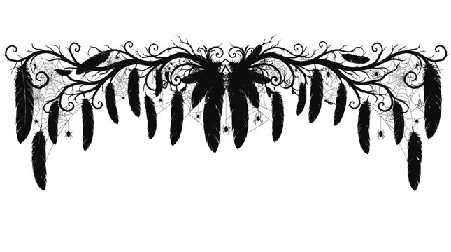 Halloween top decorative border Black floral wedding feather border set, elegant vector design, decorative filigree branch ornament, wedding, dividers