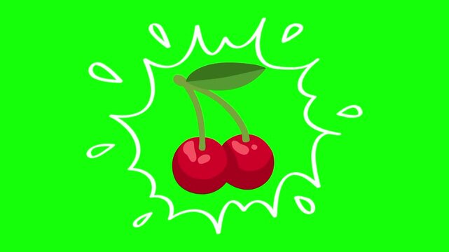 Red cherry fruit on water splash isolated animation. Animated vector motion graphic video on green screen or alpha channel. Illustration of fresh, organic, healthy fruits and food icon