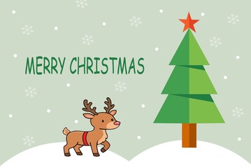 Christmas greeting card with cute reindeer and decorated Christmas tree in a snowy winter landscape © Prionti