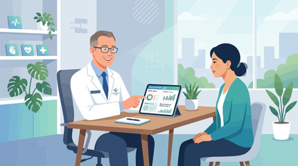 Fototapeta premium Doctor Discussing Medical Data With Patient On Tablet In Clinic