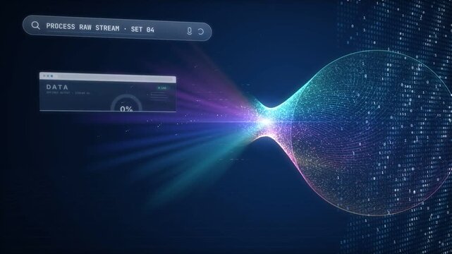 Data processing funnel of glowing particles with analytics windows and rising counters