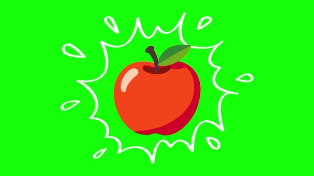 Red apple fruit on water splash isolated animation. Animated vector motion graphic video on green screen or alpha channel. Illustration of fresh, organic, healthy fruits and food icon