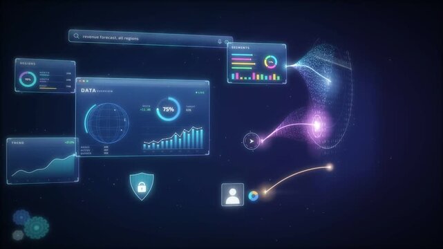 Revenue forecast dashboard with data overview panels and streaming particle plume