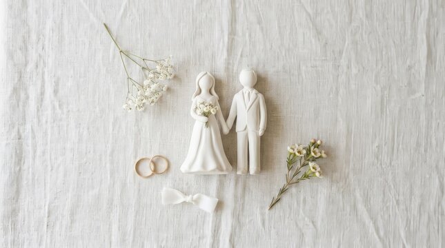 A top-down view of wedding figurines lying separated on a white linen cloth, setting a somber divorce scene with small floral sprigs, two simple bands, and a delicate white bow