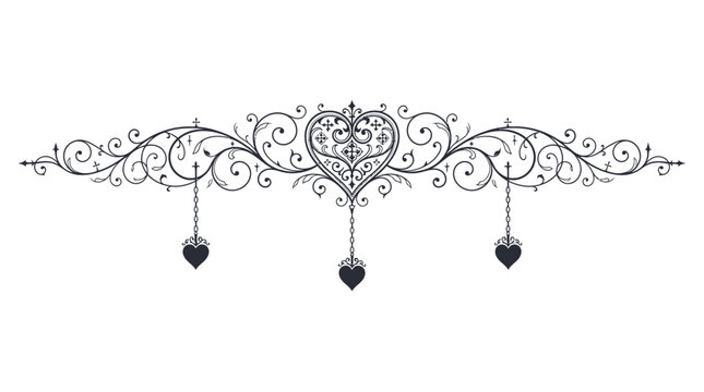 Halloween top decorative border Vintage ornamental heart divider, elegant floral scrollwork border, romantic filigree vector element for wedding invitations isolated on White Background editable