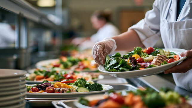 Bright sanitary commercial kitchen with a female cafeteria worker plating fresh vegetables and grilled protein onto trays, healthy institutional lunch line, clean uniform, food saf