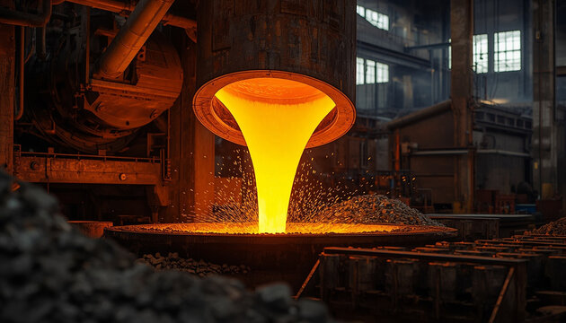 Heavy industrial foundry ladle pouring glowing molten liquid steel into casting molds with fiery thermal glow
