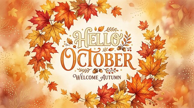 Hello october welcome autumn with colorful maple leaves and acorns