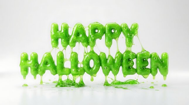 Happy halloween text made of dripping green slime isolated on white background
