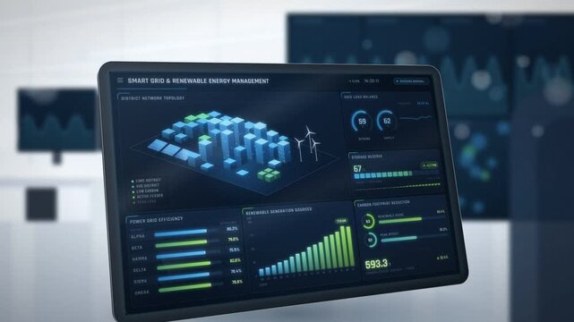 Smart grid energy management dashboard on tablet with 3D district topology and renewable output