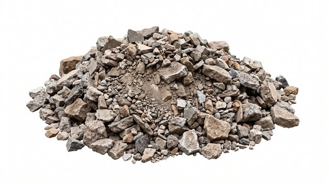 A large pile of mixed stone rubble and concrete debris isolated on a white background